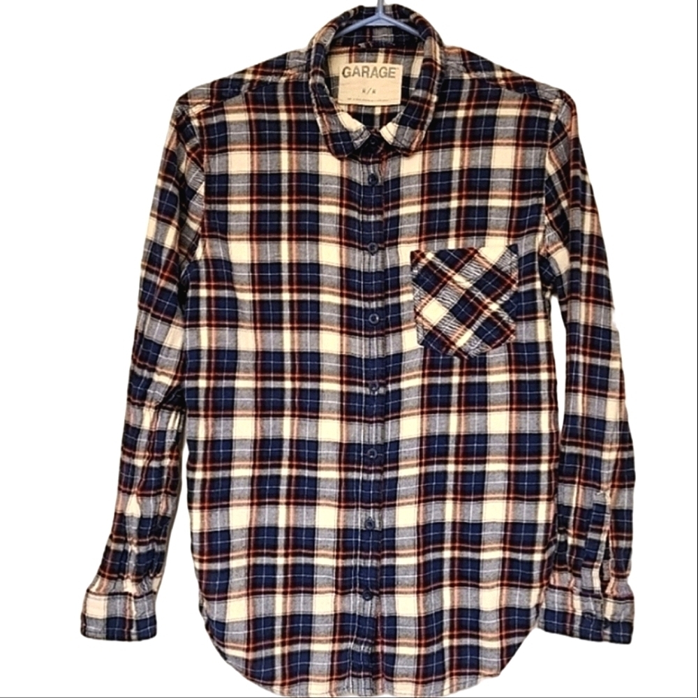 Garage Cozycore Button Down Shirt Plaid Flannel Oversized Casual Blue Cotton EUC